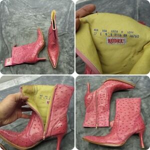 Rudel Women Boots 9 E Pink Embossed Ostrich Leather Pointed Toe Stiletto Zip NEW